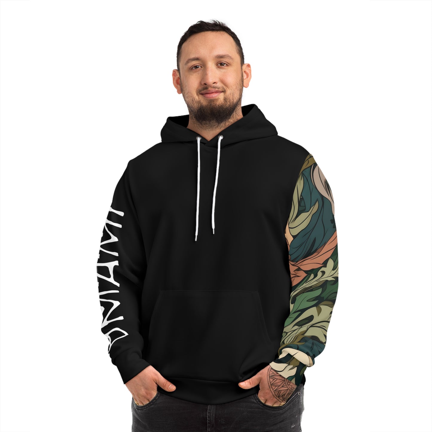 Black Umami Hoodie with Camo Leaf Sleeve 