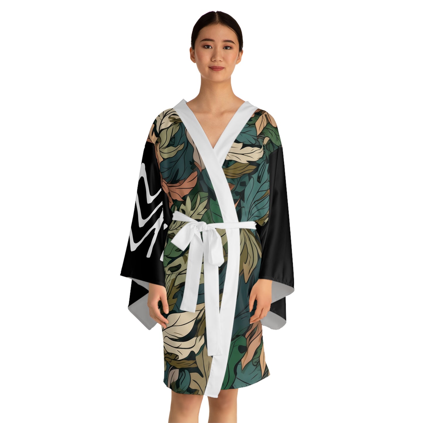 Kimono Style Dresses Leaves Camo Black 