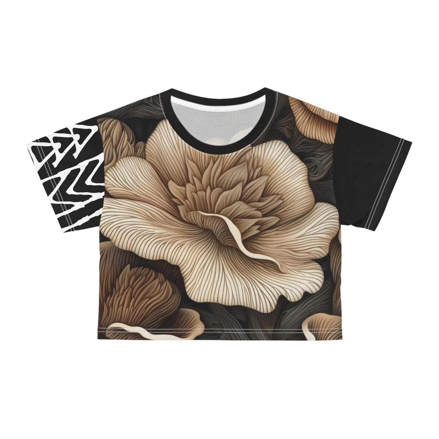 Crop Tee Fleurs Champignons Noir